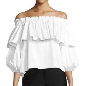 Alexis Off Shoulder Ruffle Cotton Poplin Blouse White Cropped Top Size XS